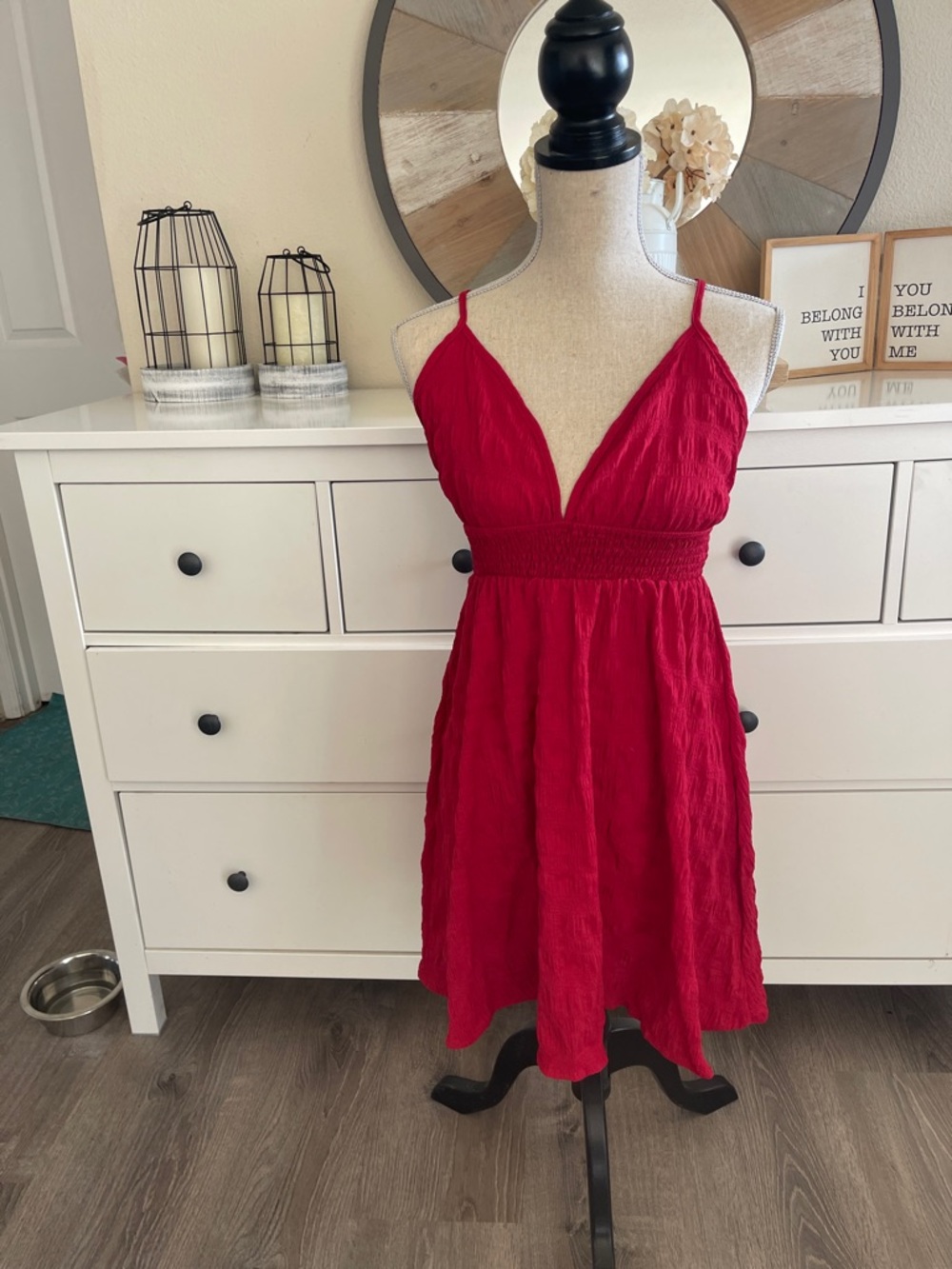 Red V-Neck Smocked Waist Mini Dress